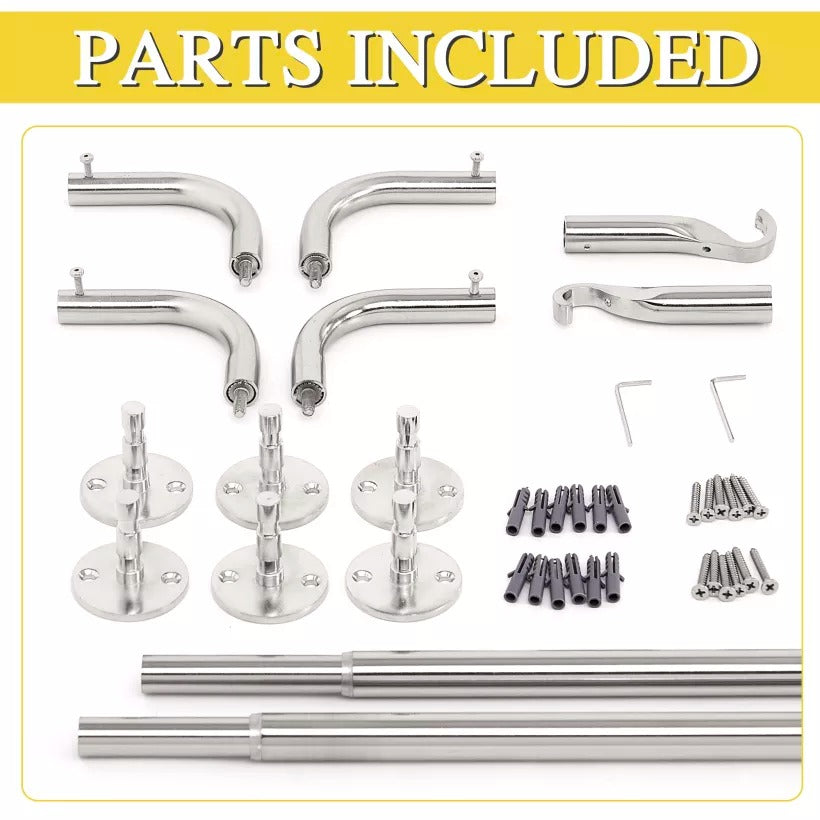 All parts for adjustable length, wrap-around indoor/outdoor curtain rods: poles, wall mounts, corner pieces, hooks, hardware.