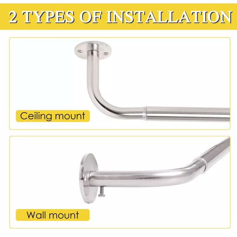 Brushed silver adjustable length wrap around indoor/outdoor curtain rod demonstrating ceiling mount and wall mount installations.