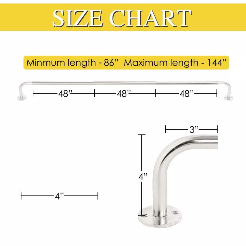 Size chart for adjustable length wrap-around indoor/outdoor curtain rods. Min 86", max 144" length, with bracket dimensions.