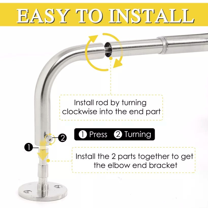 Installation guide for adjustable length wrap around indoor/outdoor curtain rod, detailing how to connect rod to elbow bracket.