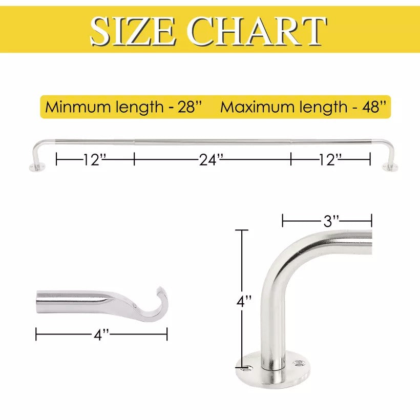 KGORGE adjustable wrap around indoor/outdoor curtain rod size chart with min 28", max 48" length, and detailed rod & wall mount dimensions.