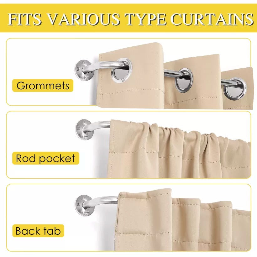 Adjustable wrap around indoor/outdoor curtain rod fits grommet, rod pocket, and back tab curtain types.