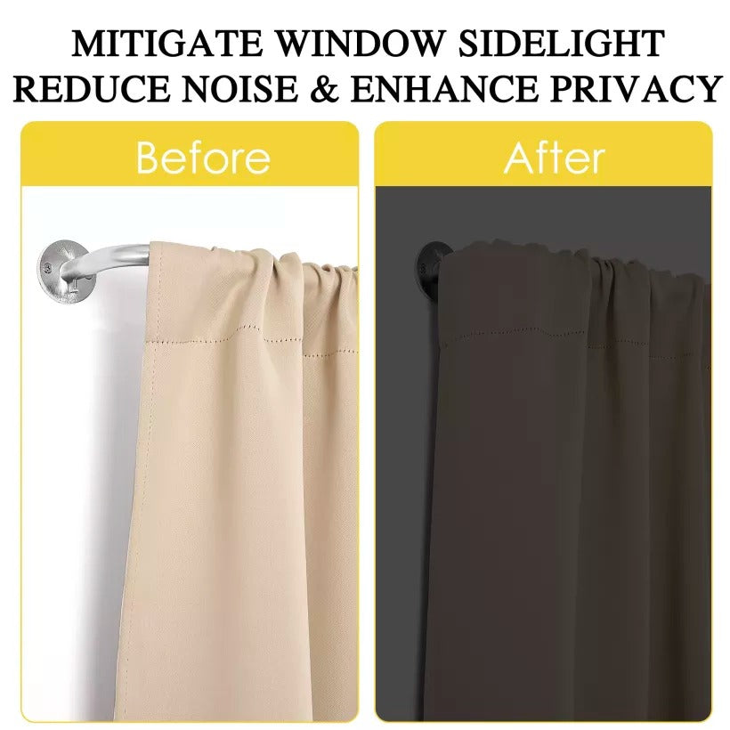 Side-by-side comparison: light beige curtain on silver wrap-around rod vs. blackout curtain on dark rod, showcasing enhanced privacy & sidelight reduction.
