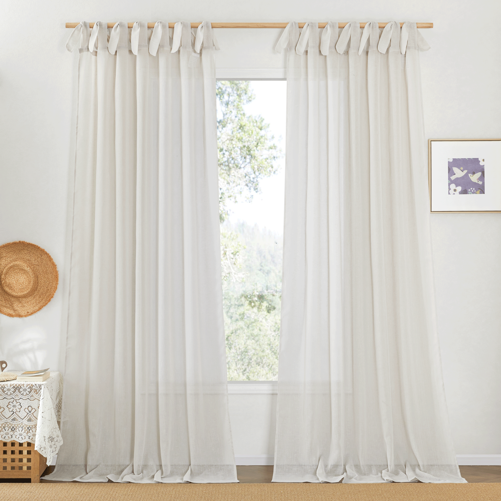 Adjustable Tie Top DIY Crafted Semi Sheer Natural Linen Blend Eclectic Privacy Rabbit Ear Curtains for Bedroom / Living Room KGORGE Store