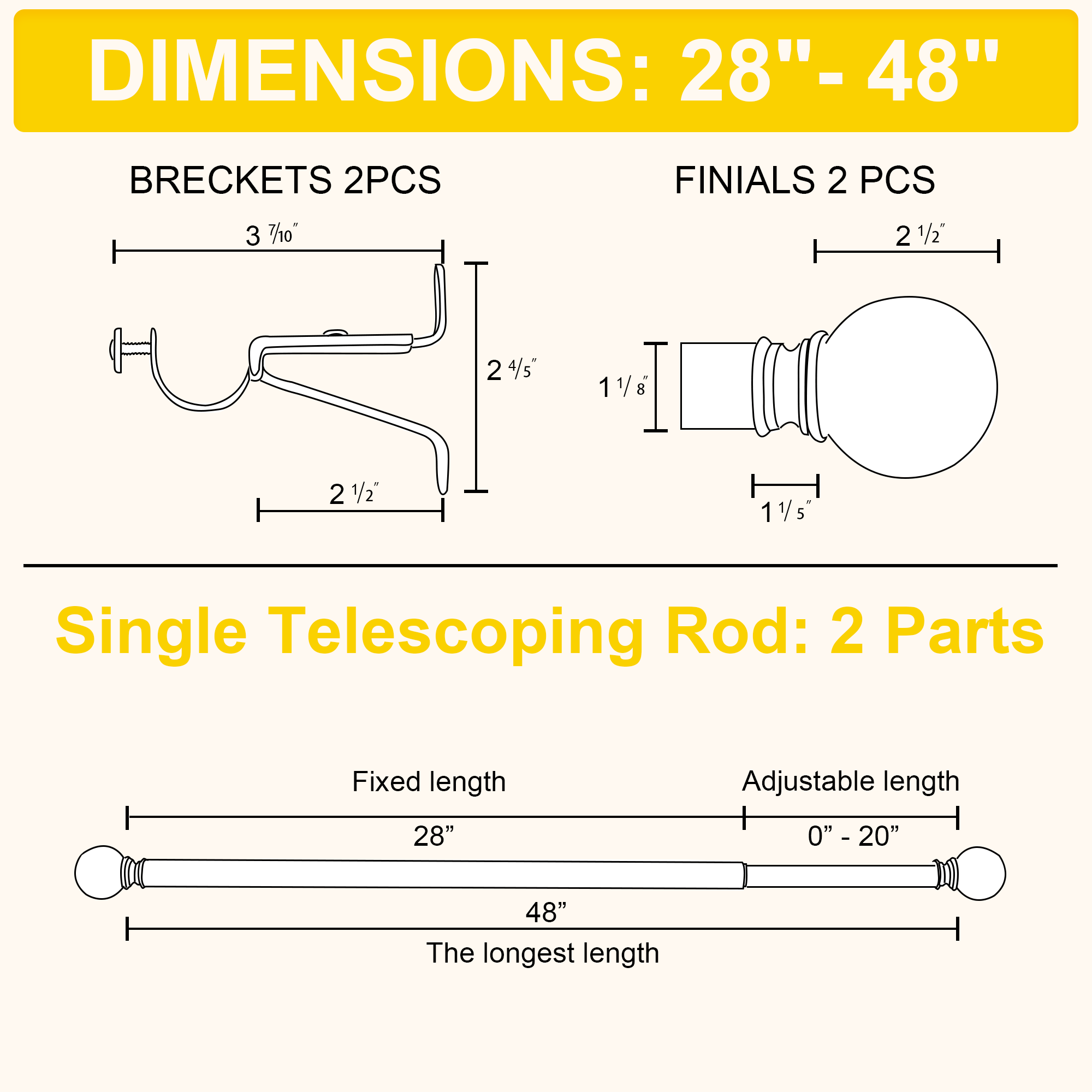 Diagram of an adjustable 28"-48" outdoor/indoor curtain rod with ball finials & brackets, detailing all component dimensions.