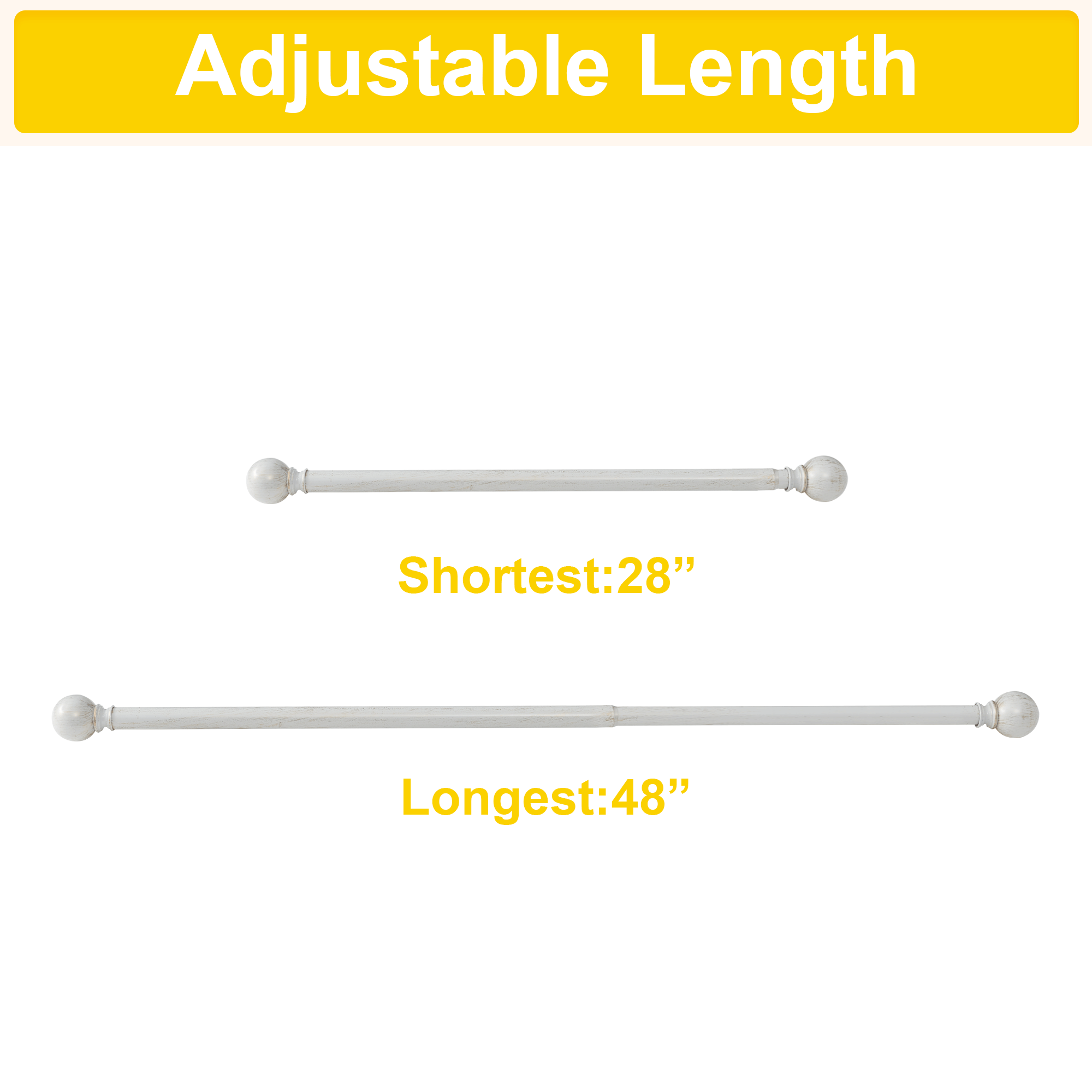 Adjustable antique white curtain rod with ball finials, showing 28" (shortest) and 48" (longest) settings for versatile indoor/outdoor decor.
