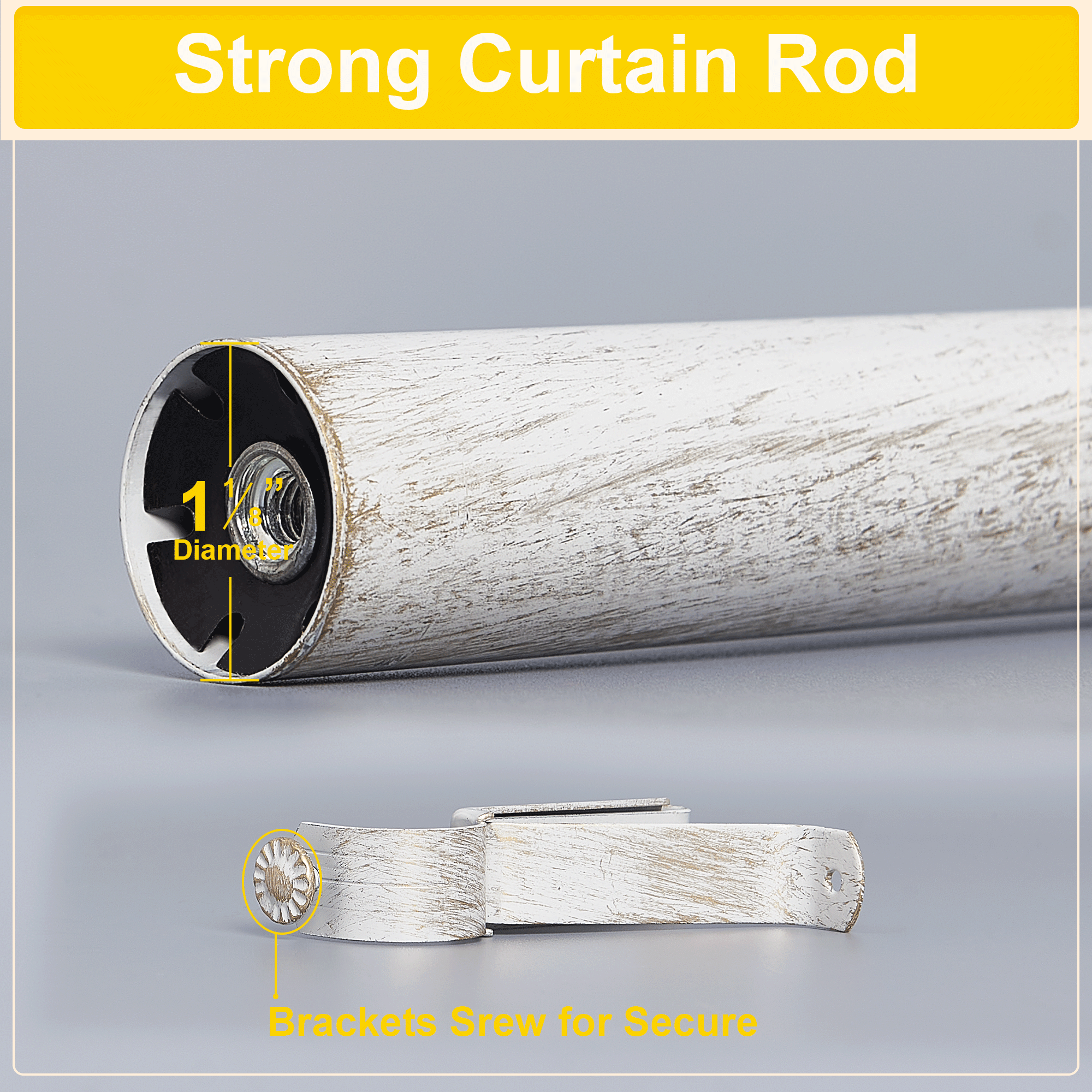 Close-up of an antique white distressed outdoor/indoor curtain rod, showing its 1 1/8" diameter and a matching secure bracket.