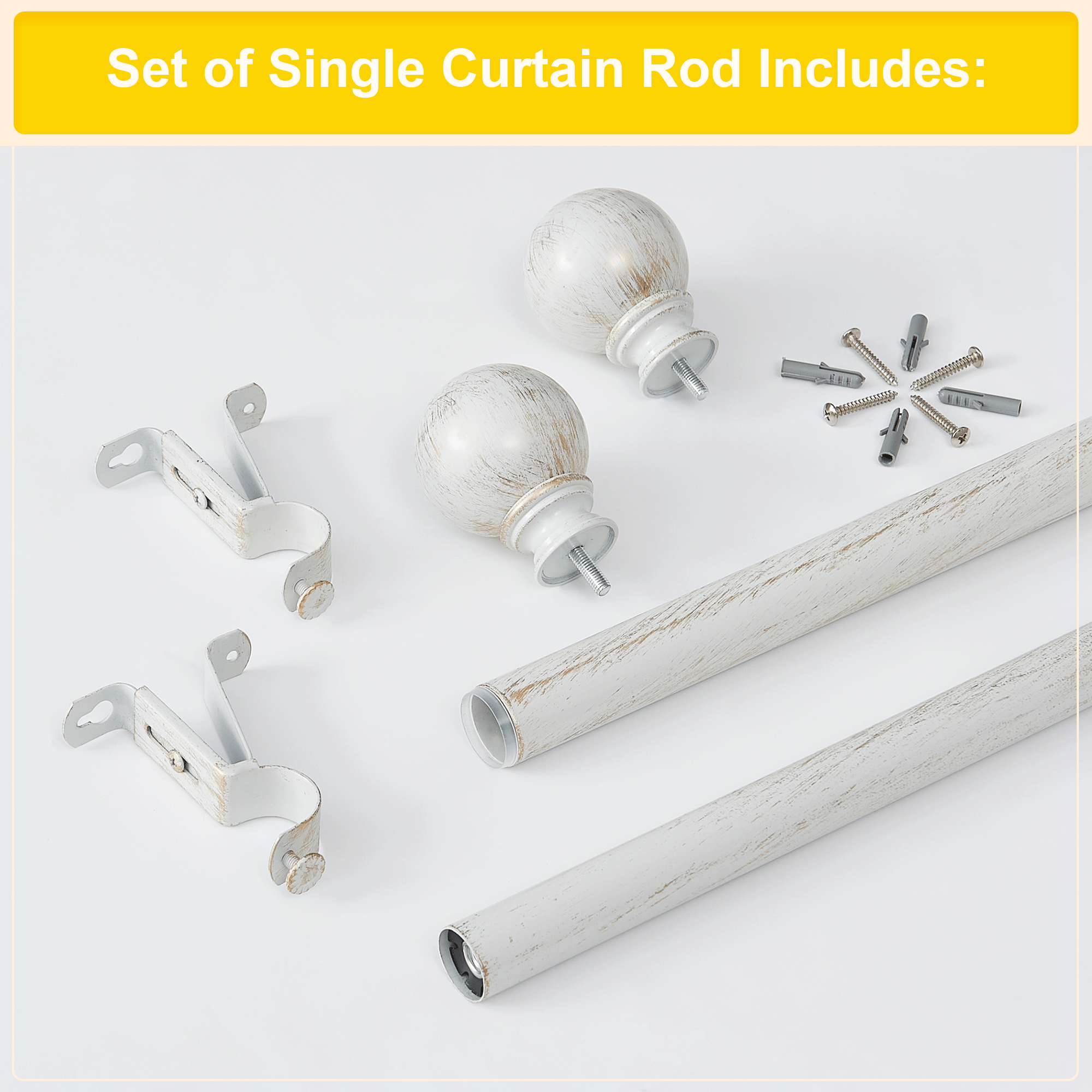 Complete antique white distressed outdoor/indoor curtain rod set with ball finials, mounting brackets, screws, and anchors.