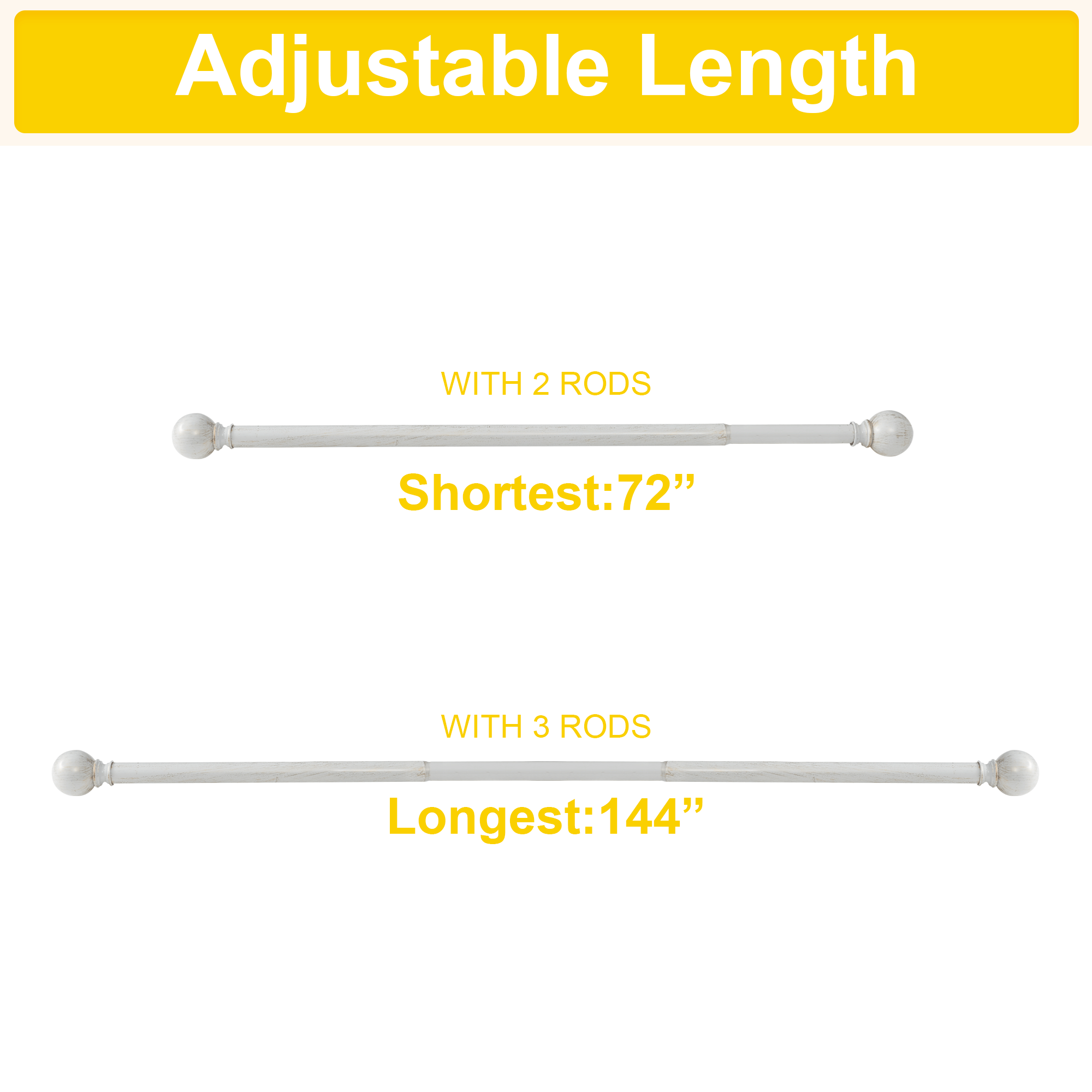 Antique white decorative outdoor & indoor curtain rod with ball finials, showcasing adjustable length from 72 to 144 inches.
