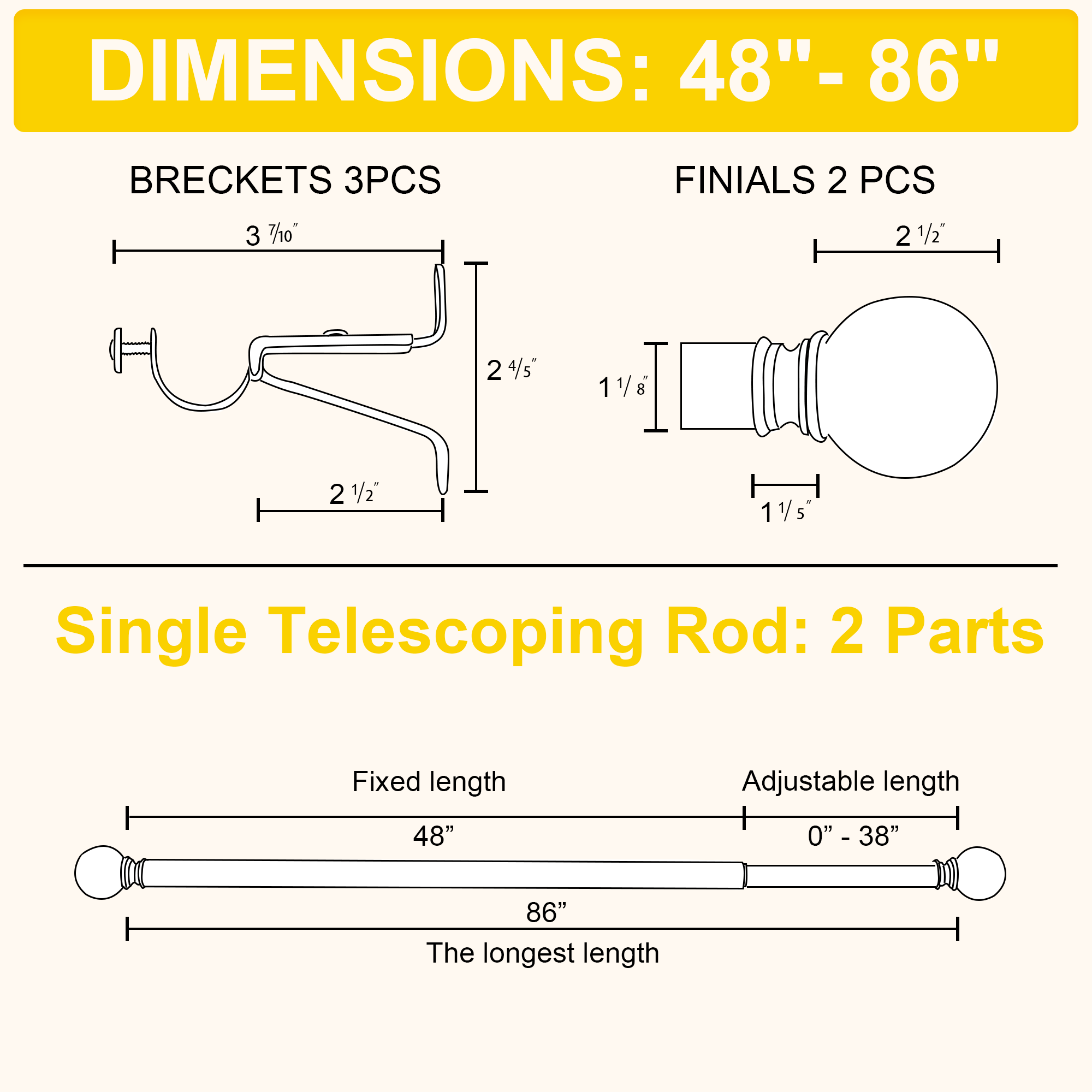 Dimensions diagram for an Antique White decorative outdoor/indoor telescoping curtain rod. Includes ball finial, brackets, 48"-86" length.
