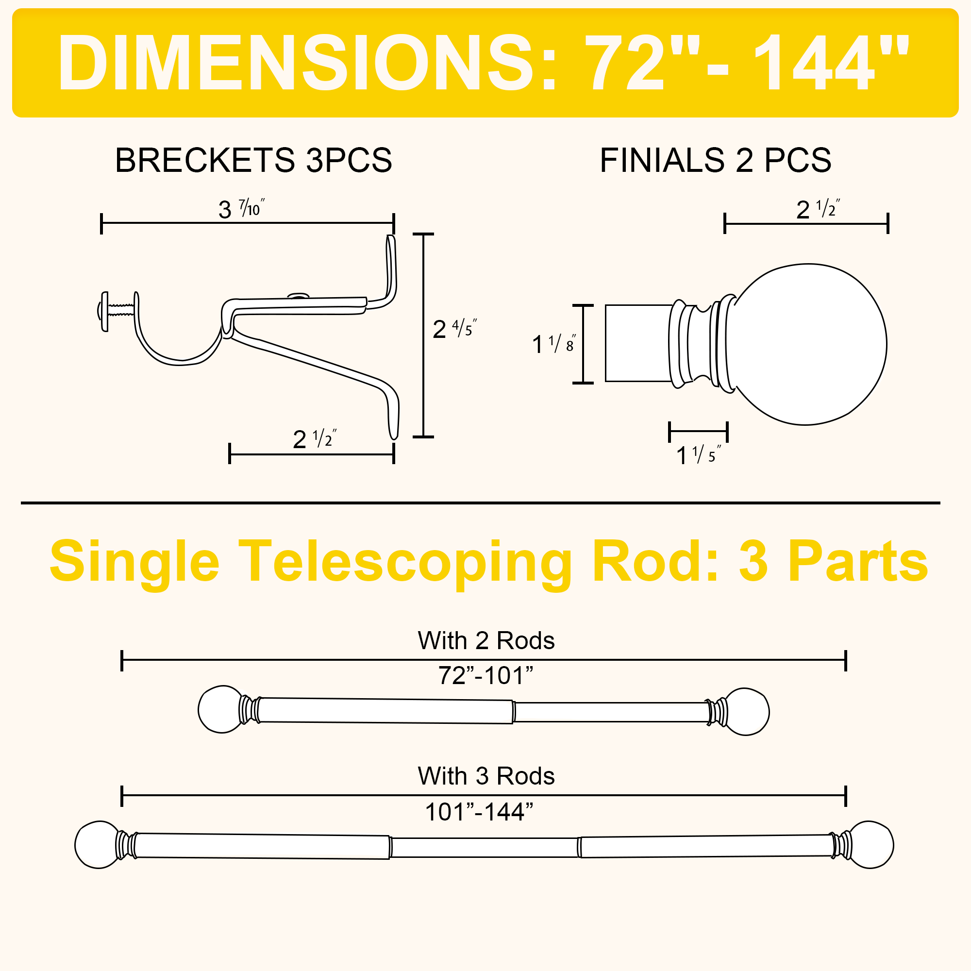 Diagram for telescoping outdoor curtain rod with ball finials & brackets. Shows dimensions for 72-144 inch adjustable length.