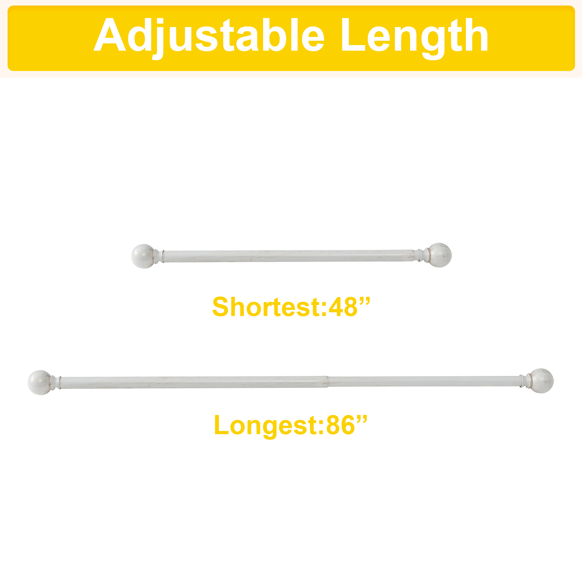 Antique white outdoor & indoor curtain rod with decorative ball finials, showing adjustable length from 48 inches to 86 inches