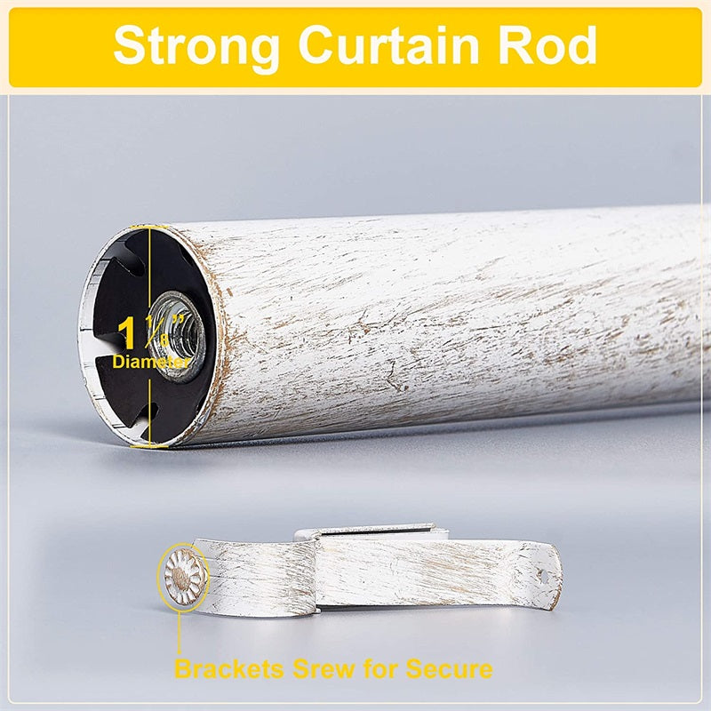 Antique white decorative outdoor curtain rod close-up, highlighting 1" diameter and secure bracket screw attachment.