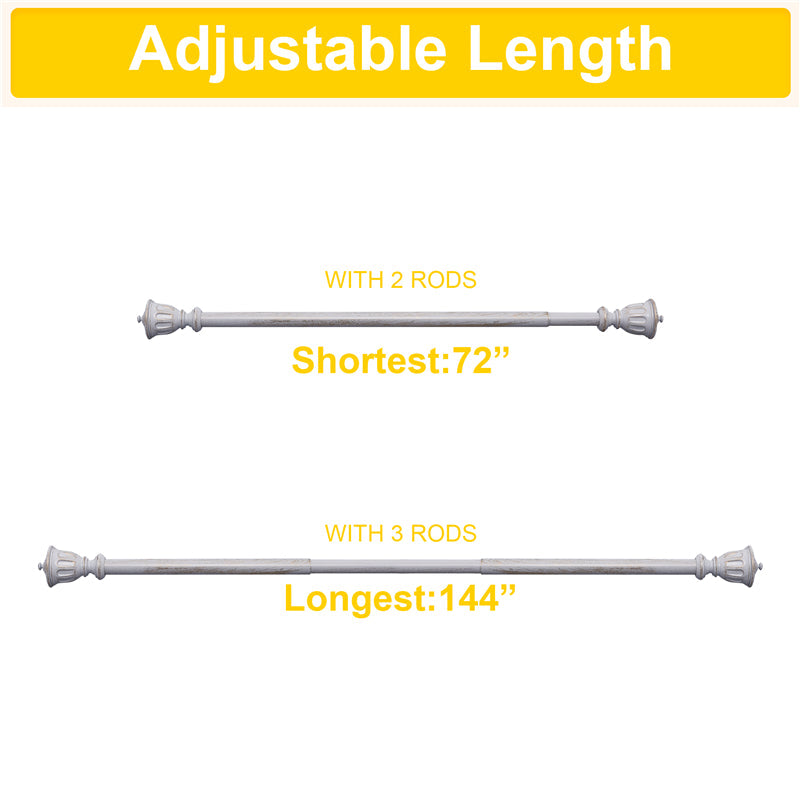 Antique white decorative outdoor curtain rod with trophy finials. Illustrates 72" (2 rods) and 144" (3 rods) adjustable lengths.