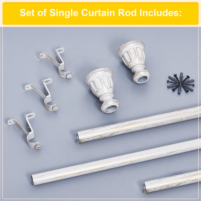 Antique white single outdoor curtain rod set with decorative trophy finials, three mounting brackets, and installation hardware.