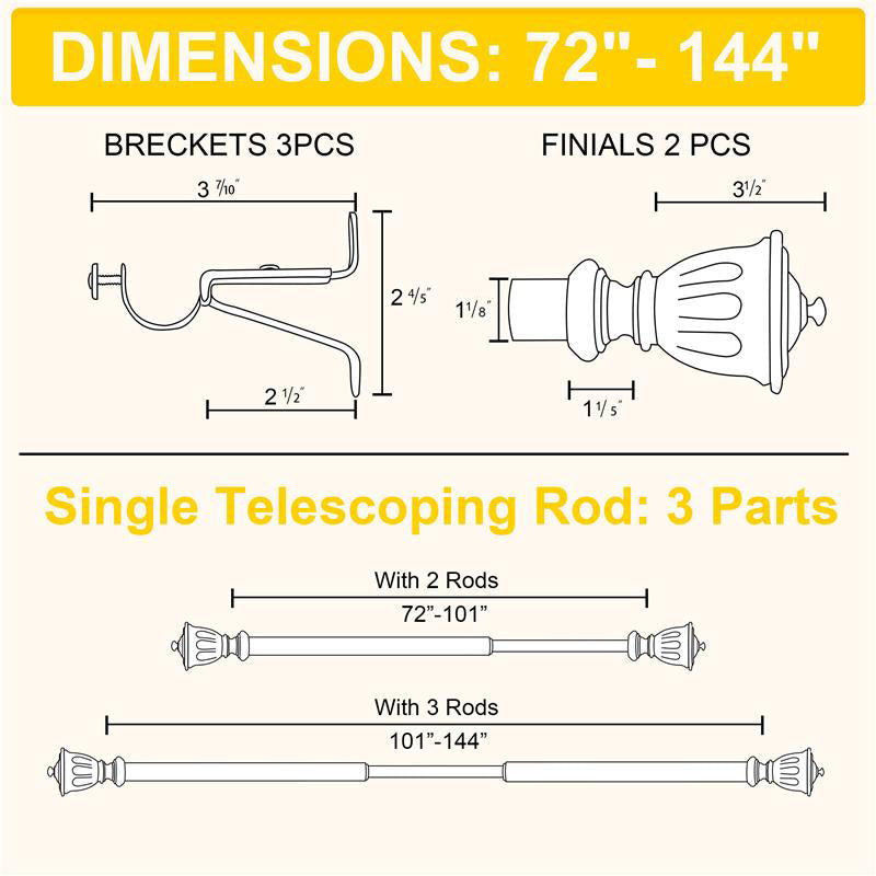 Dimensions for decorative single outdoor curtain rod: brackets, trophy finials, and telescoping rod configurations showing 72-144 inch lengths.