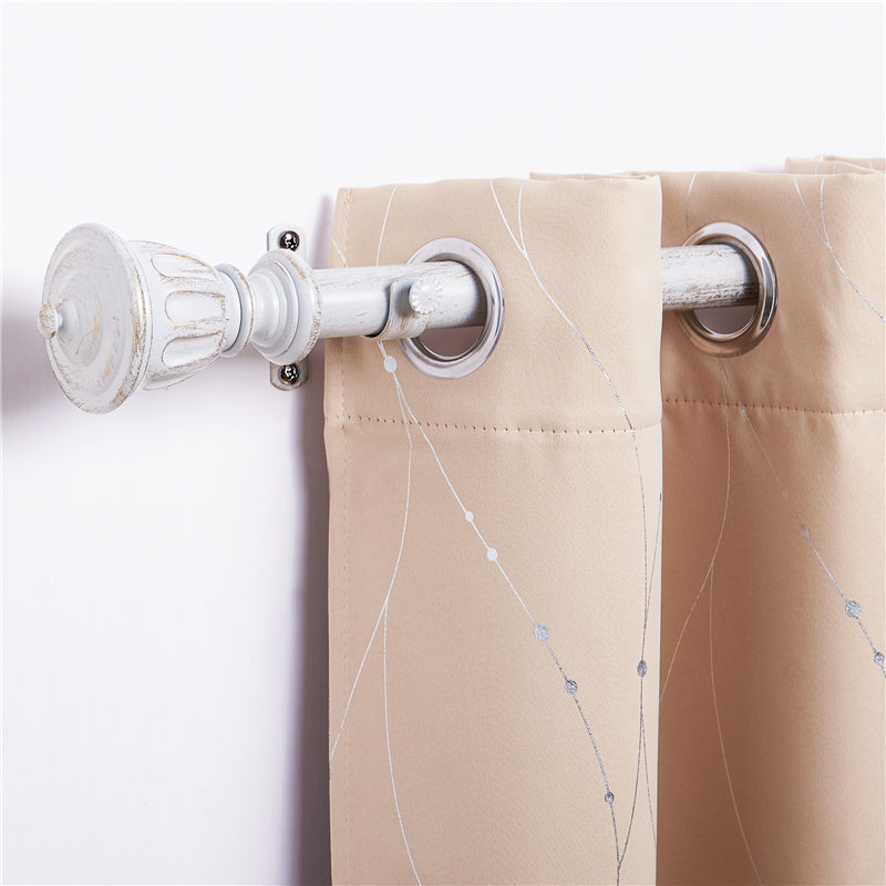 Antique white distressed single outdoor curtain rod with decorative trophy finial, holding a beige Fadenomore™ outdoor curtain.