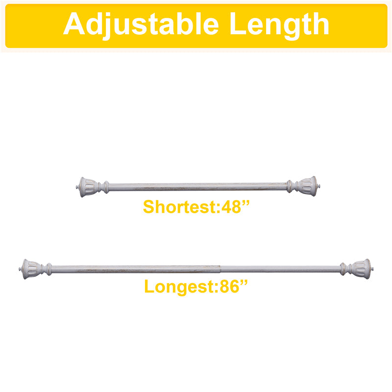 Adjustable length antique white outdoor curtain rod with decorative trophy finials, shown at 48 inches shortest and 86 inches longest.