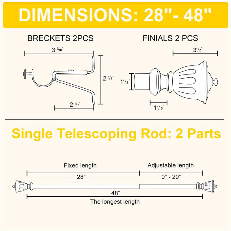 Dimensions of antique white decorative single outdoor curtain rod with trophy finials. Includes bracket, finial, and telescoping rod details 28-48 inches.
