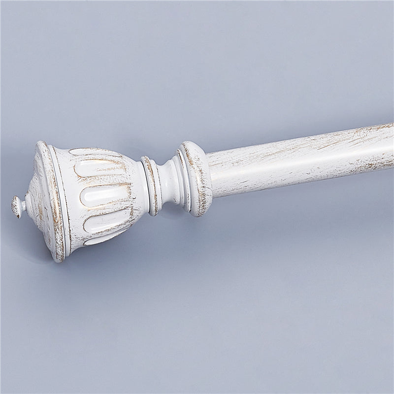 Antique white decorative outdoor curtain rod with detailed distressed trophy finial. Ideal for patio shade.