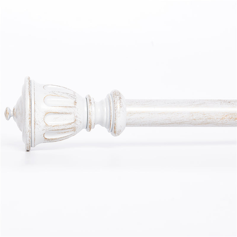 Antique white decorative outdoor curtain rod featuring an ornate trophy finial, showing its weatherproof distressed finish.