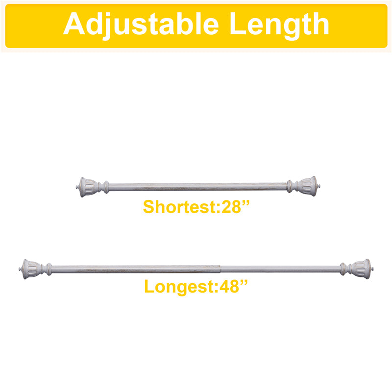 Adjustable length antique white single outdoor curtain rod with decorative trophy finials, extended from 28 to 48 inches.
