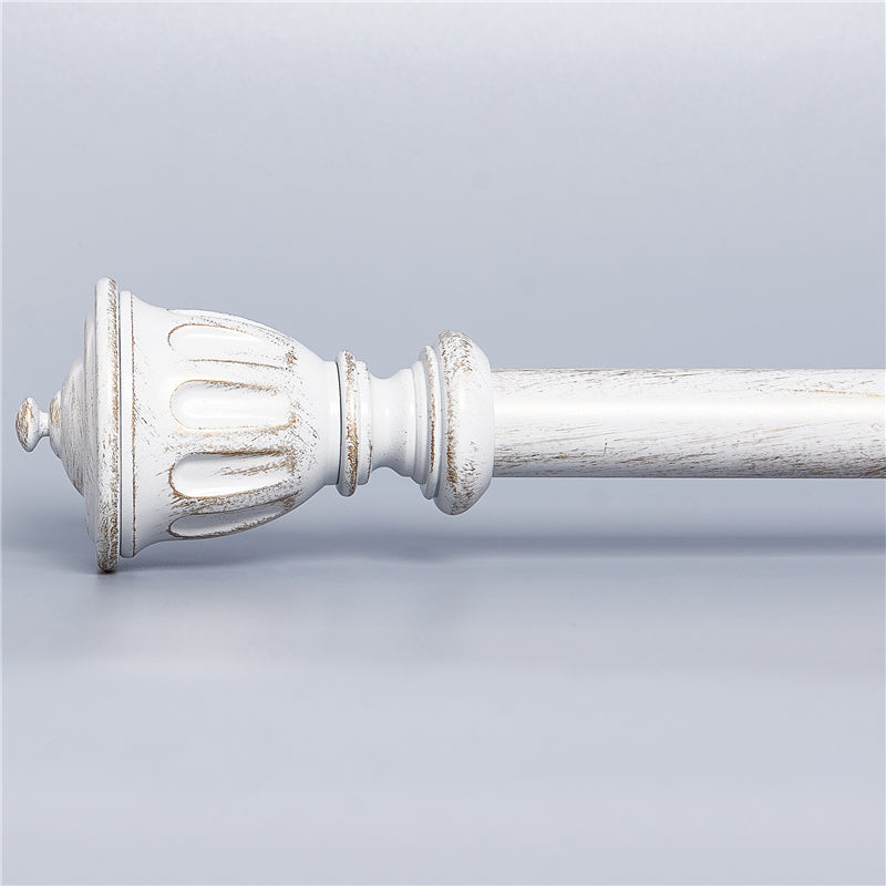 Antique white distressed single outdoor curtain rod with decorative trophy finial for patios.
