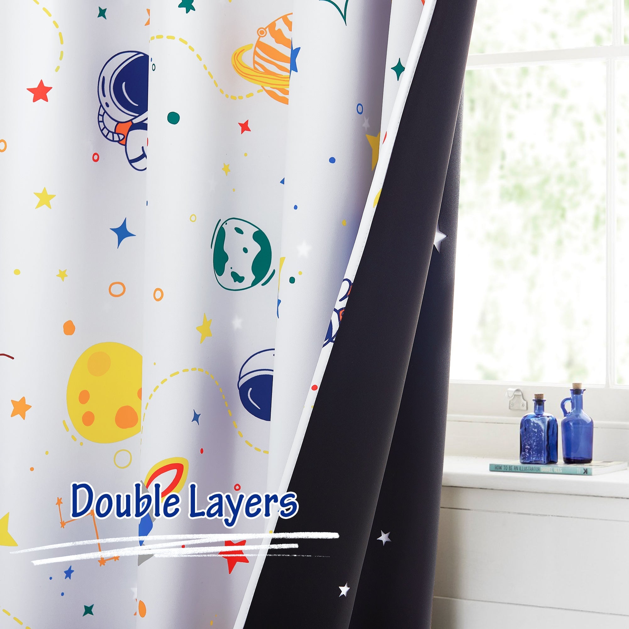 Astronaut Double Layer Back Cutout Stars Grommet Thermal Blackout Curtains For Bedroom 1 Panel KGORGE Store