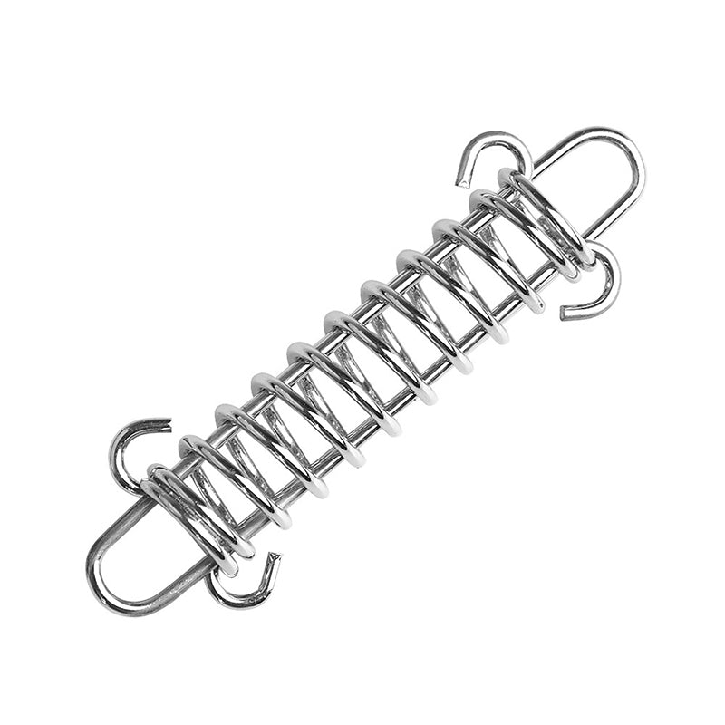 Shiny stainless steel spring buckle for fixing and tightening outdoor awning, canopy, and tent ropes.
