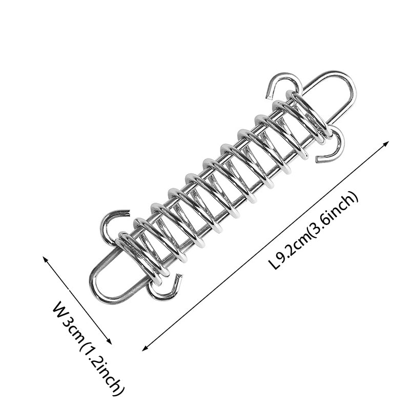 Durable silver spring fixed buckle for awning, canopy tent, and sun shade sails. Measures L 9.2cm (3.6in) W 3cm (1.2in).