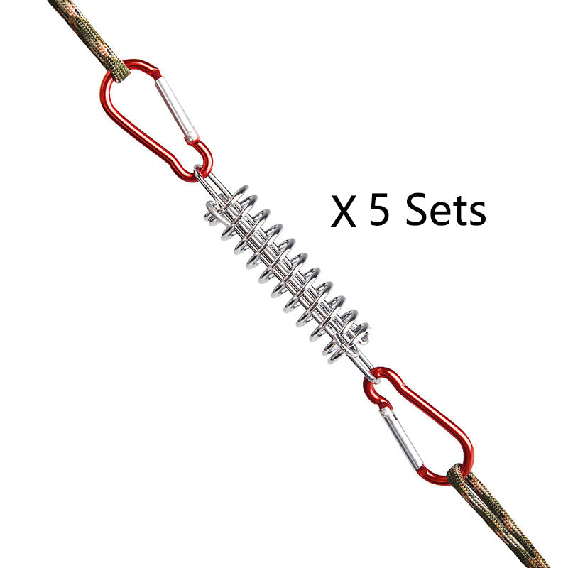 5 sets of awning fixed canopy tent tension spring buckles with red carabiners, attached to a durable outdoor rope.