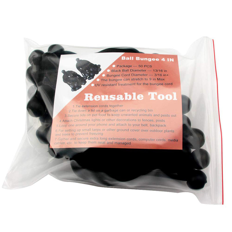 Clear bag of black heavy-duty ball bungee cords for versatile outdoor tarp tie-down, organizing, and securing.