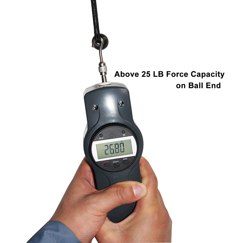Hands test a ball bungee cord's heavy-duty force capacity with a digital gauge, showing 26.80 lbs for secure tarp tie-downs.