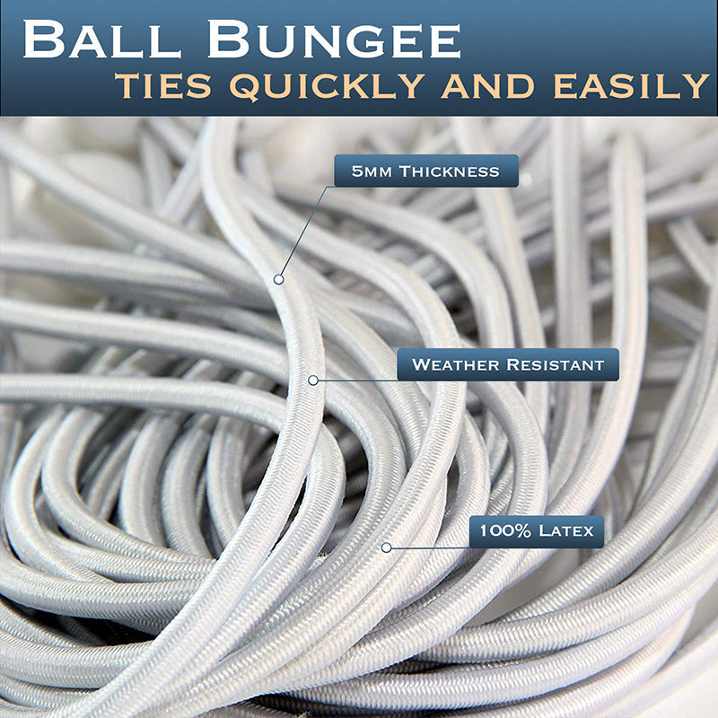 Close-up of coiled white 5mm, 100% latex, weather resistant heavy-duty ball bungee cords for tarp tie-downs & securing.