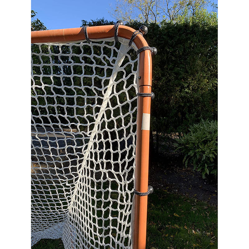 Heavy-duty black ball bungee cords securing a white net to an orange outdoor frame, perfect for tarp tie-downs & sun shade sails.