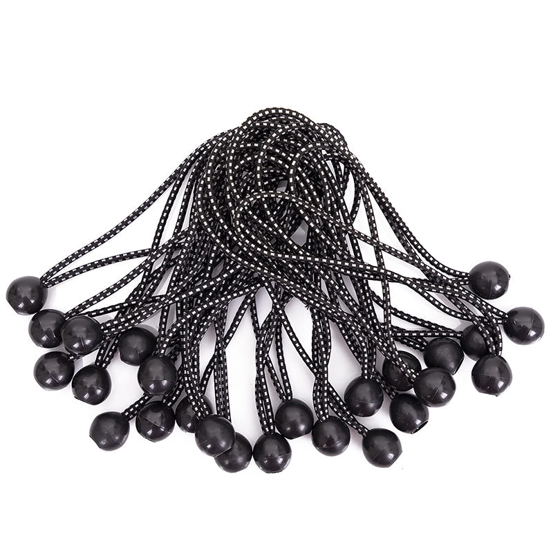 Heavy-duty black & white striped ball bungee cords for securing outdoor curtains, tarps, and organizing outdoor spaces.