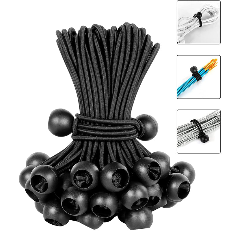 Bundle of 10 heavy-duty black ball bungee cords; insets show versatile securing and organizing for cables, poles, and wire.