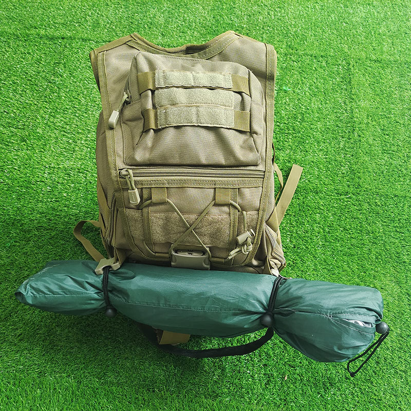 Versatile heavy-duty ball bungee cords securing a green rolled outdoor gear to a tactical backpack, ideal for tarp tie-down.