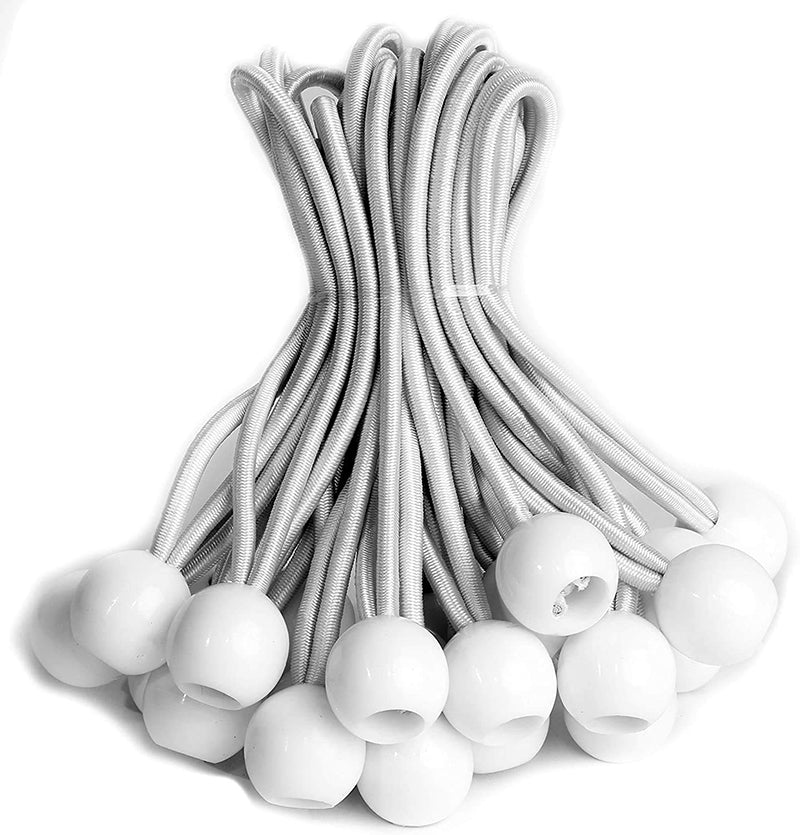 Bundle of white heavy-duty ball bungee cords for securing outdoor curtains, sun shade sails, tarps, and organizing gear. Versatile tie-downs.