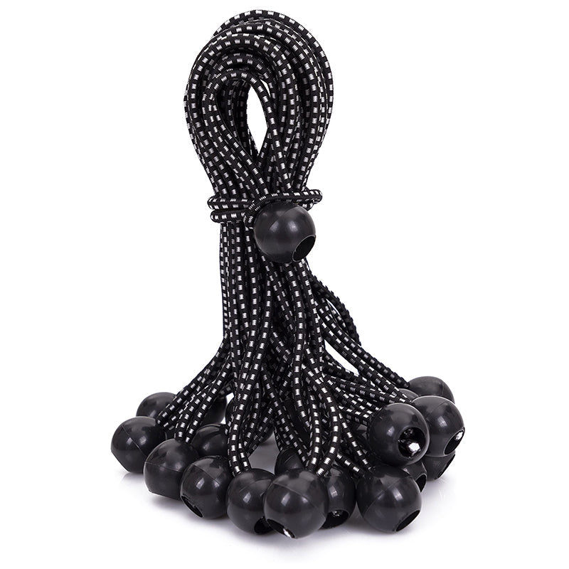 Black and white patterned heavy-duty ball bungee cords, bundled for organizing and securing tarps and outdoor canopies.