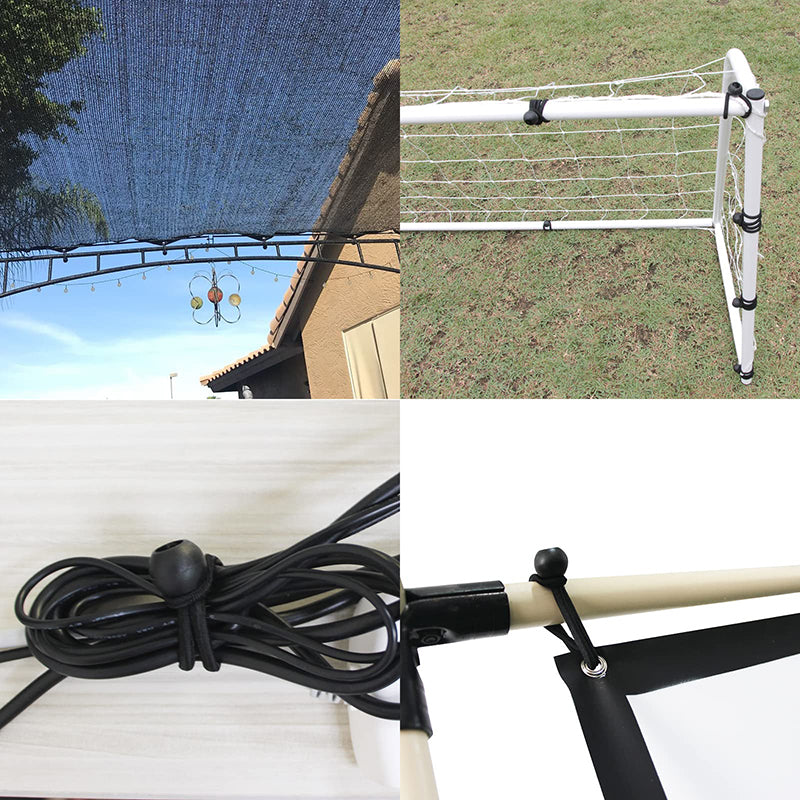 Versatile ball bungee cords securing outdoor shade tarp, soccer net, organizing electrical cables, and tying down a projection screen.