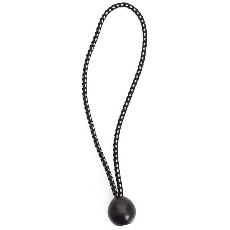 Single heavy-duty black & white checkered ball bungee cord, looped, for versatile indoor & outdoor tarp tie-down and securing.