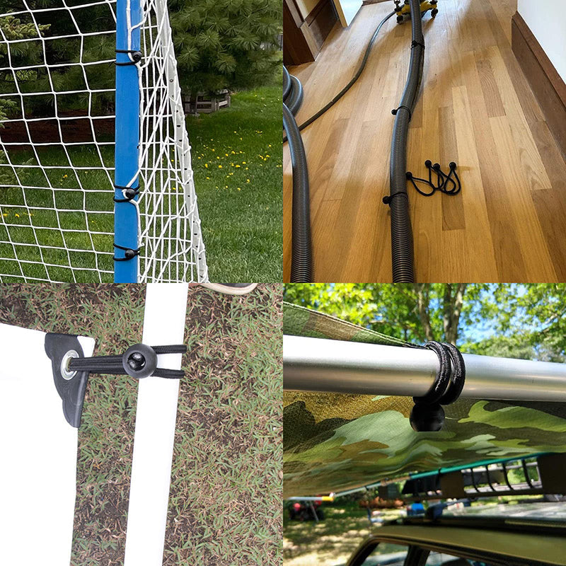 Heavy-duty ball bungee cords securing a sports net, organizing indoor hoses, and tying down outdoor tarps and shade sails.