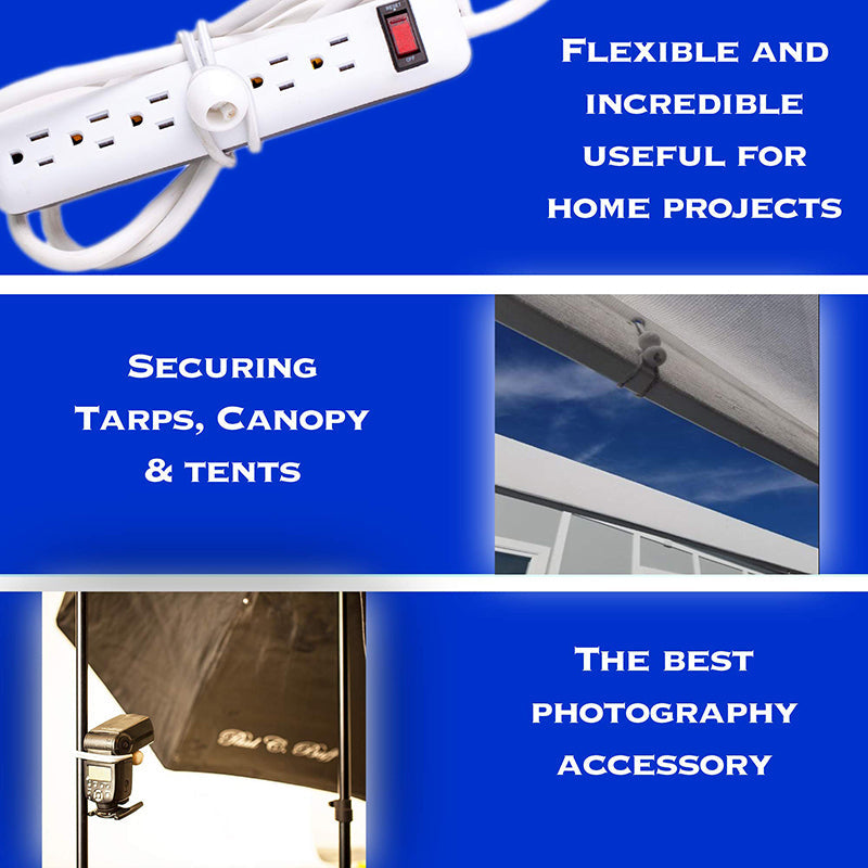 Heavy-duty, versatile ball bungee cords organizing a power strip, securing outdoor canopy, & used with photography equipment.