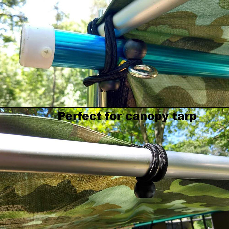 Heavy-duty black ball bungee cords securing a camouflage tarp to metal poles, ideal for versatile outdoor canopy & shade sail tie-downs.