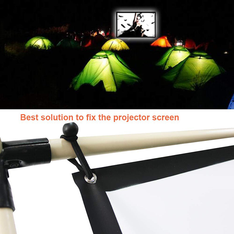 Heavy-duty ball bungee cord securing an outdoor projector screen to a pole, with illuminated camping tents in background for movie night setup.