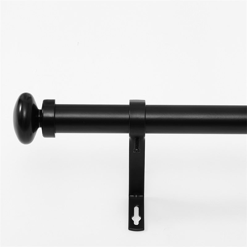 Black 1-inch diameter waterproof, rust-resistant outdoor curtain rod with finial and mounting bracket.
