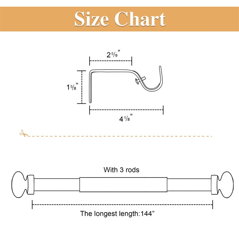 Size chart for KGORGE outdoor curtain rod, detailing bracket dimensions (2 5/9", 1 5/8", 4 1/8") & extendable rod to 144 inches.