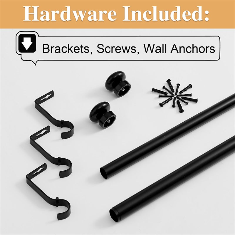 Black waterproof rust-resistant outdoor curtain rod hardware: adjustable rod sections, mounting brackets, finials, screws, wall anchors.