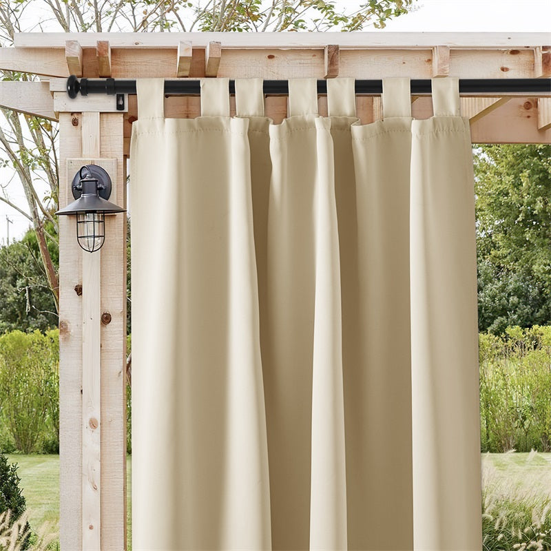Black waterproof & rust-resistant outdoor curtain rod, 72-144 inches, holding a beige tab-top curtain on a wooden pergola.